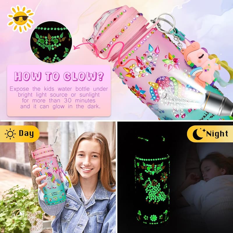 Unicorn Glow-in-the-Dark Water Bottle Kit for Girls Ages 4-12