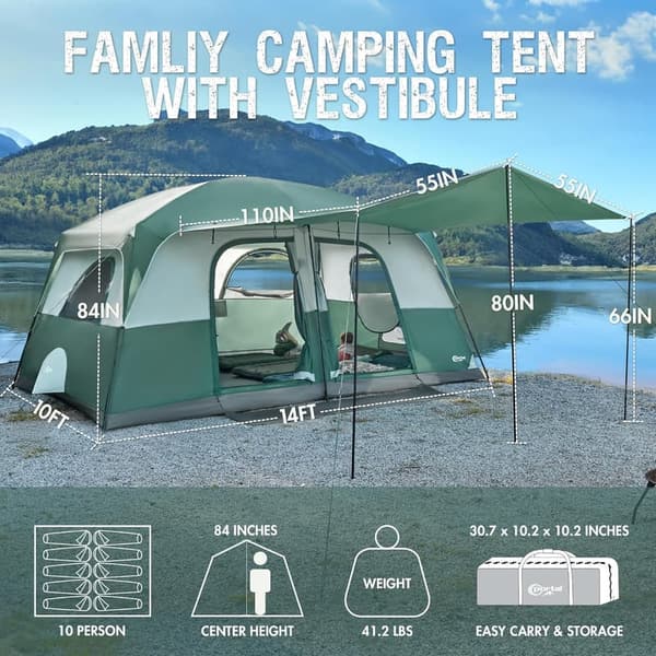 8-Person Family Camping Tent with Porch & Good Ventilation