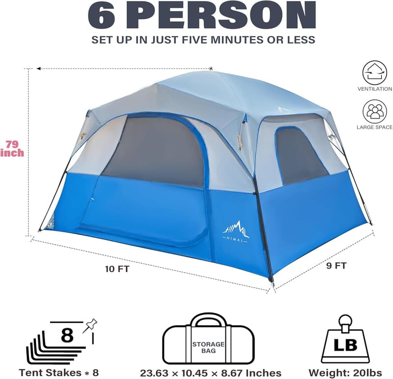 6-Person Waterproof Camping Tent - Easy Setup, Double Layer