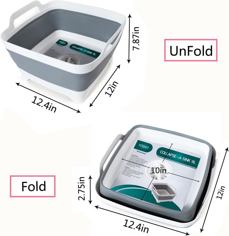 Collapsible 2.4 Gal Dish Basin with Drain Plug for Camping