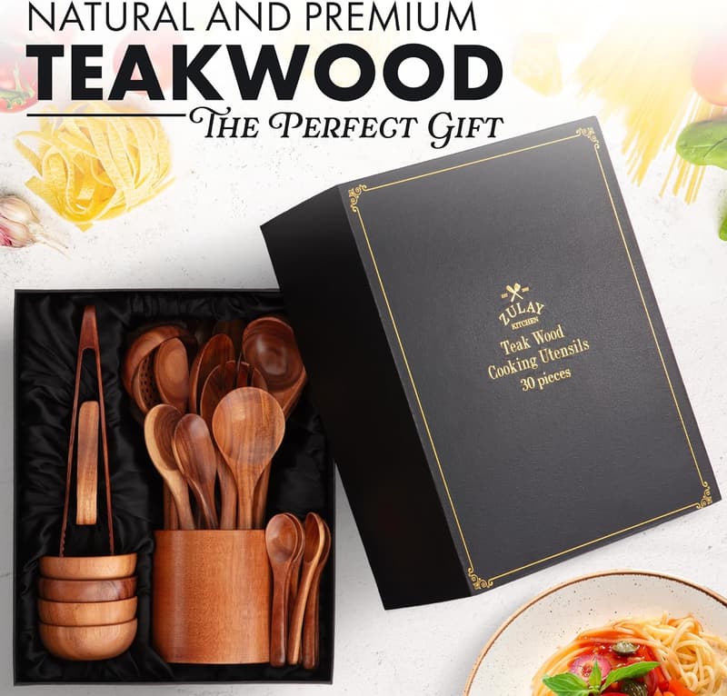 Teak Wooden Cooking Utensils Set with Gift Box - 30 Pieces