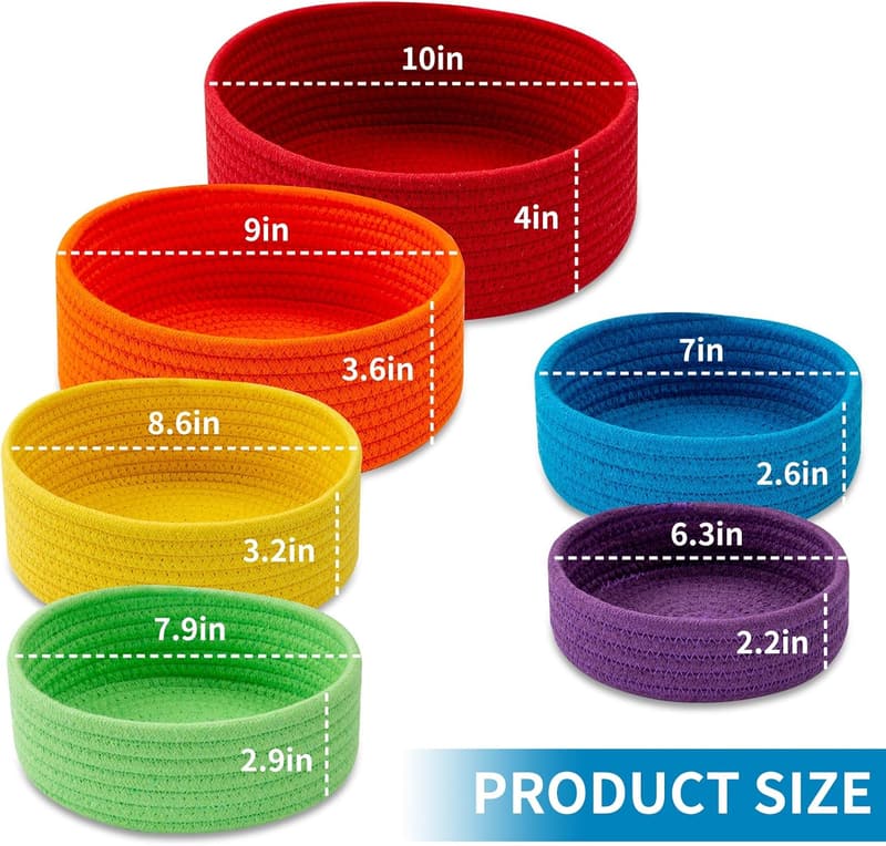 Decorative Cotton Rope Storage Baskets - 6 Pack (Rainbow)