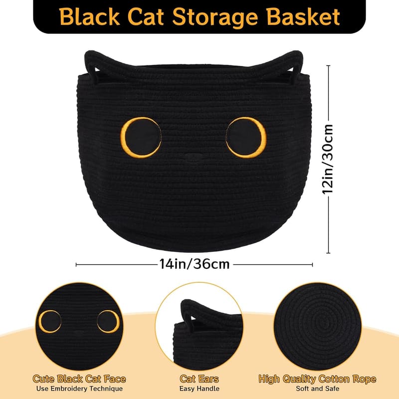 Black Cat Woven Cotton Rope Basket - Nursery Toy Storage, 14