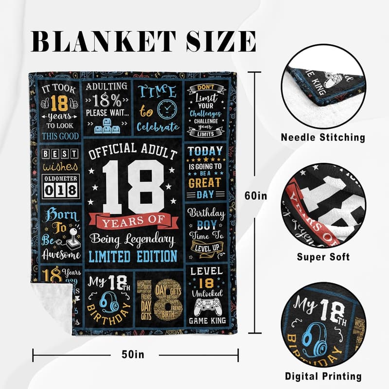 18th Birthday Gift for Boys - Cozy Throw Blanket 60x50in