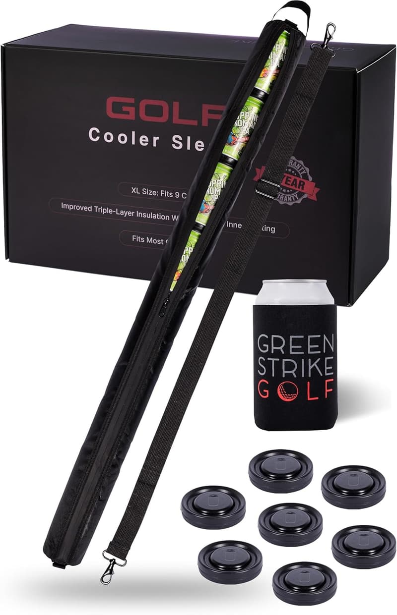 Golf Beer Sleeve Cooler – Adjustable Strap, 7 Ice Pucks, Leak-Proof