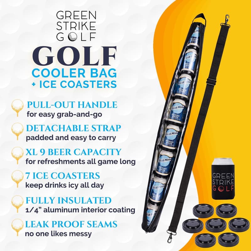 Golf Beer Sleeve Cooler – Adjustable Strap, 7 Ice Pucks, Leak-Proof