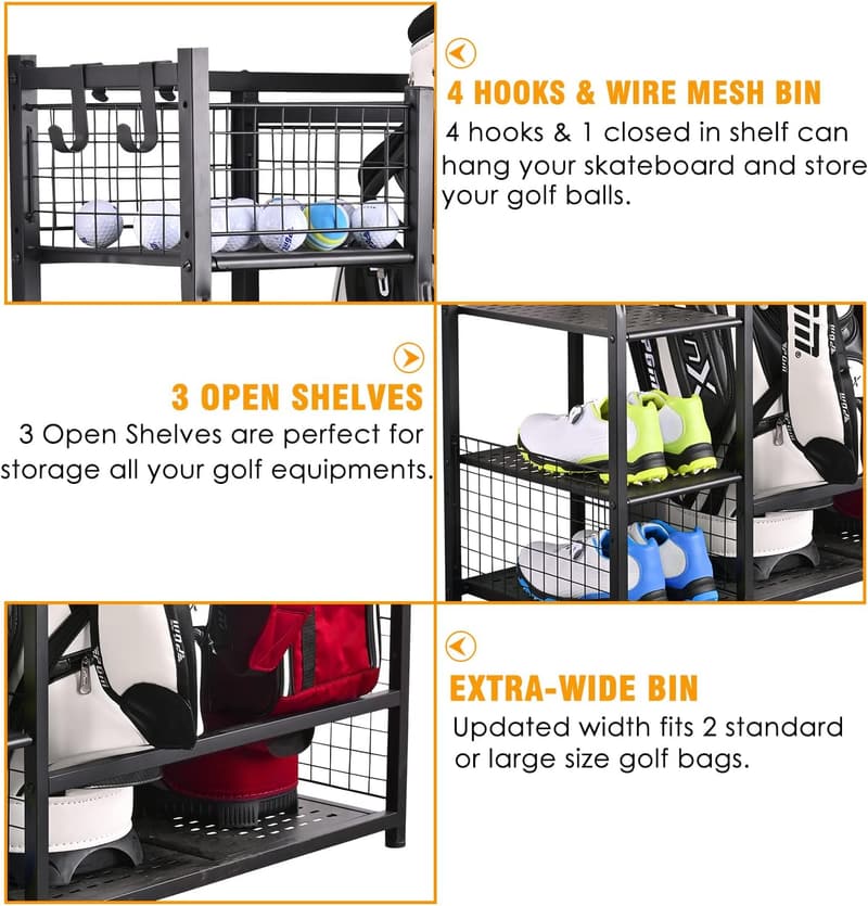 Extra Large Metal Golf Bag Storage Rack for Garage - Holds 2 Bags