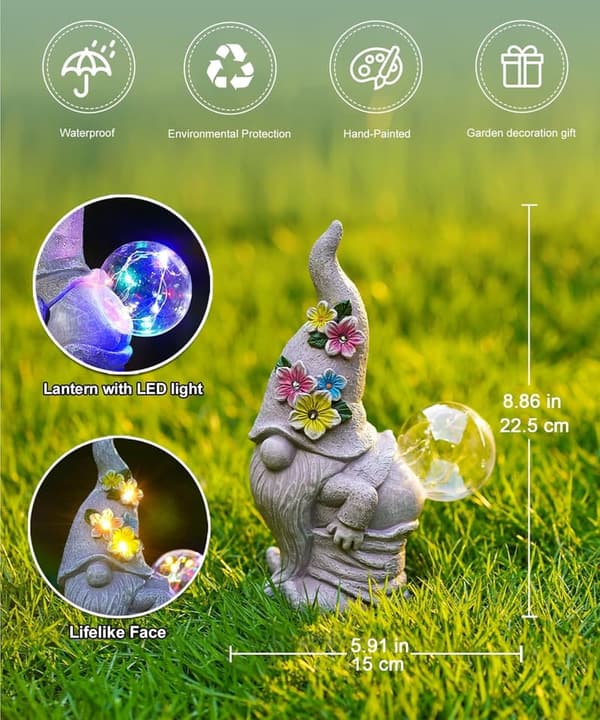Garden Solar Gnome Statue - Outdoor Decor Gift for Mom