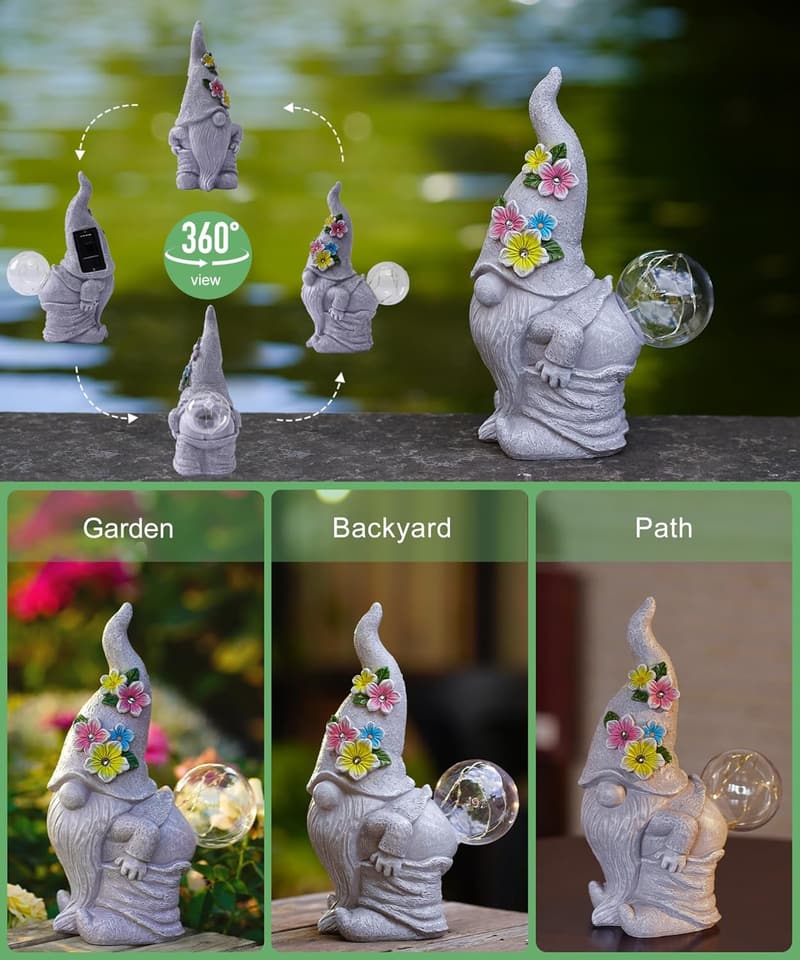 Garden Solar Gnome Statue - Outdoor Decor Gift for Mom