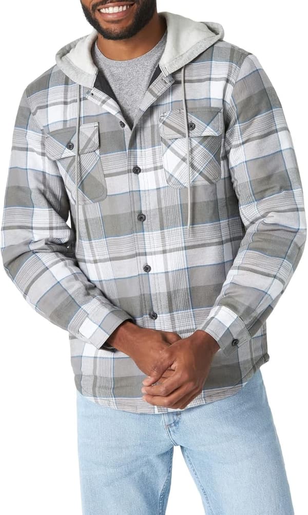 Men's Flannel Shirt Jacket with Hood and Quilted Lining