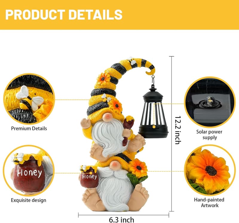 LED Solar Bee Gnome Garden Decor – Waterproof Outdoor Gift for Women