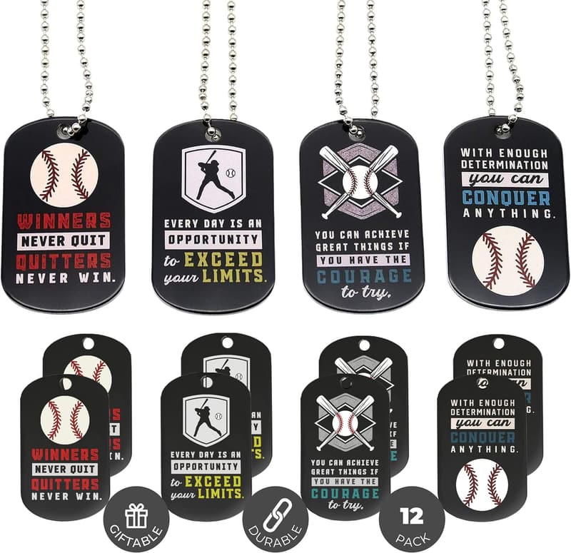 Motivational Baseball Dogtag Necklaces - 12 Pack for Teams & Students