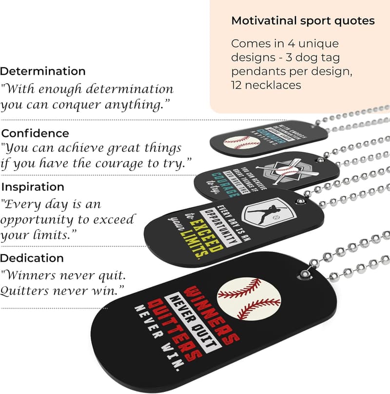 Motivational Baseball Dogtag Necklaces - 12 Pack for Teams & Students