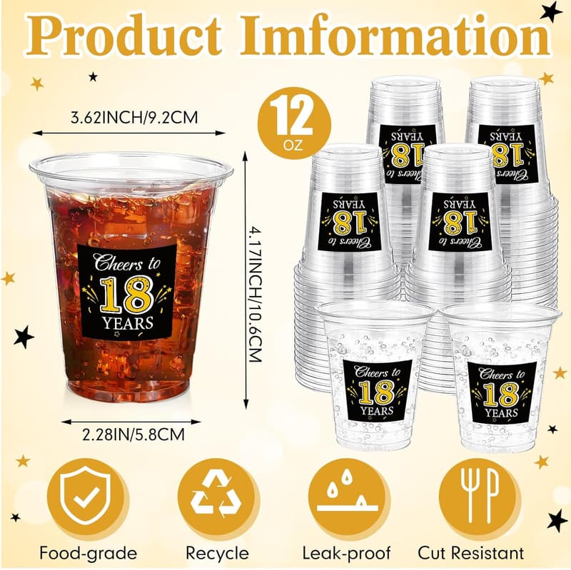 18th Birthday Disposable Cups - 60 Pack, 12 oz Clear Plastic