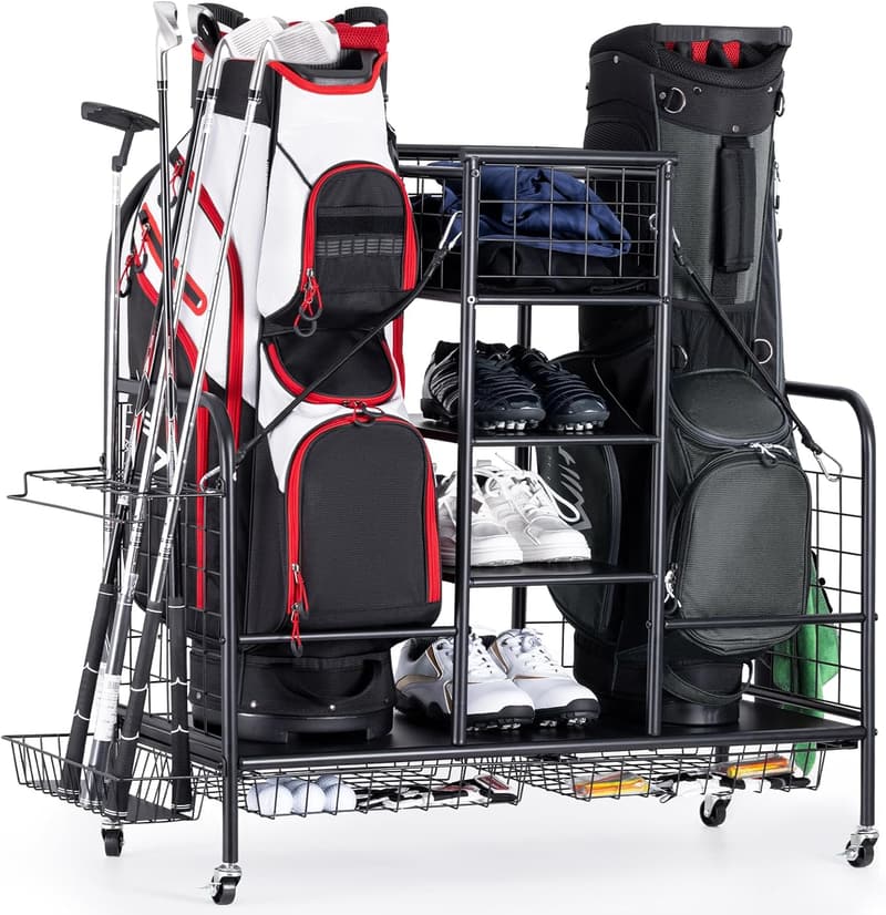 Golf Bag Organizer - Large Storage Rack for 2 Bags & Accessories