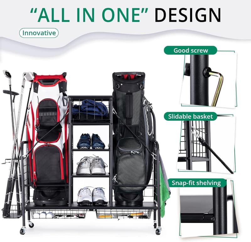 Golf Bag Organizer - Large Storage Rack for 2 Bags & Accessories