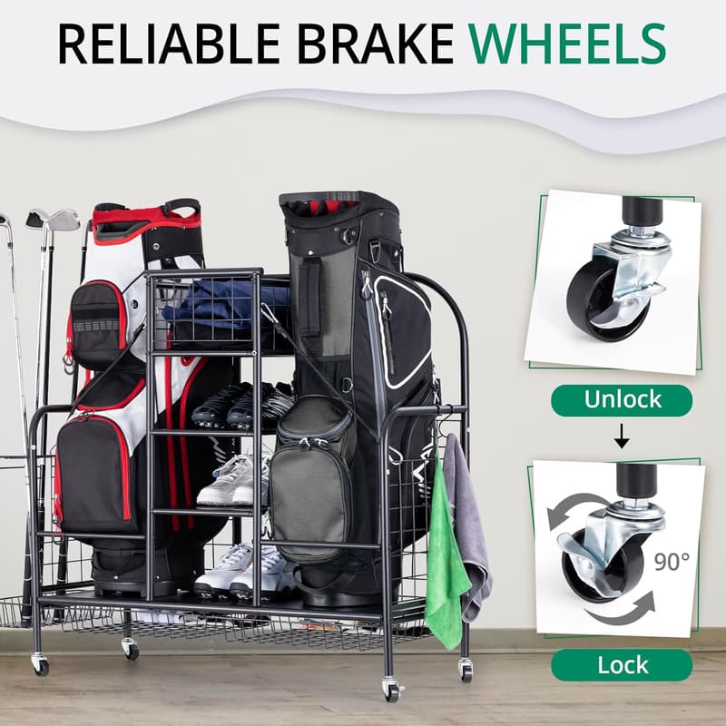 Golf Bag Organizer - Large Storage Rack for 2 Bags & Accessories