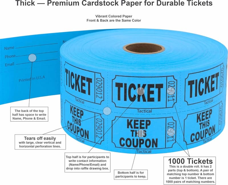 1000 Blue Raffle Tickets for Events & Fundraisers