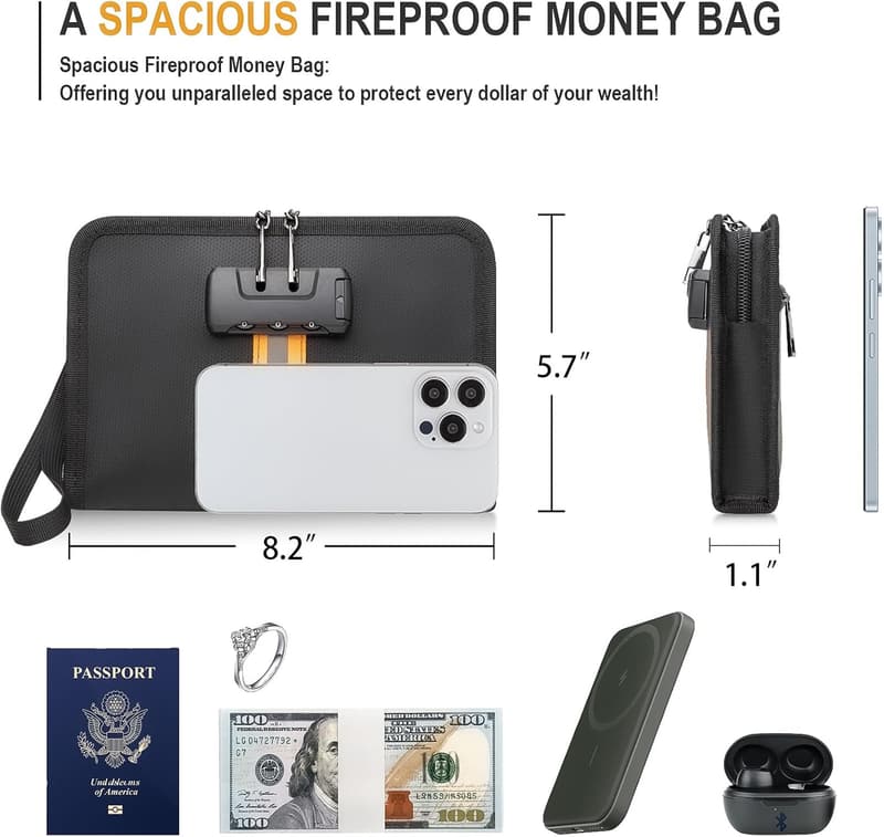 Fireproof Waterproof Money Bag with Lock and Zipper