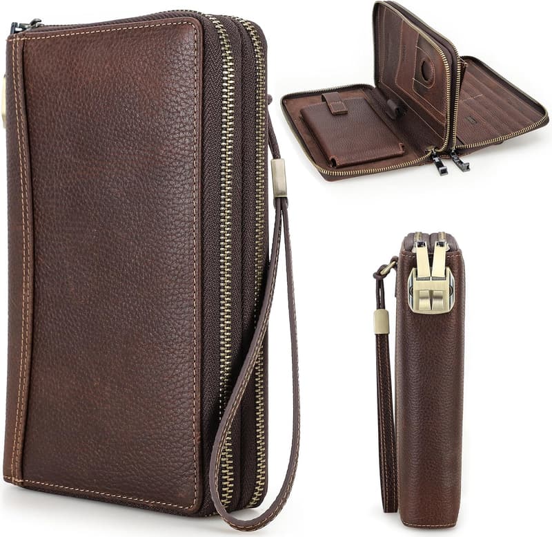 Handmade RFID Leather Zipper Clutch Wallet for Couples