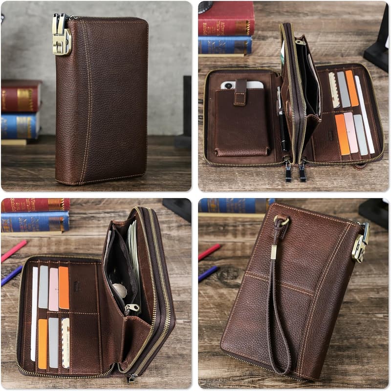 Handmade RFID Leather Zipper Clutch Wallet for Couples