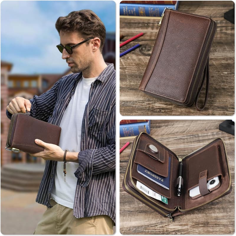 Handmade RFID Leather Zipper Clutch Wallet for Couples
