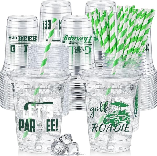 50 Pcs 12 oz Golf-Themed Disposable Cups with Straws