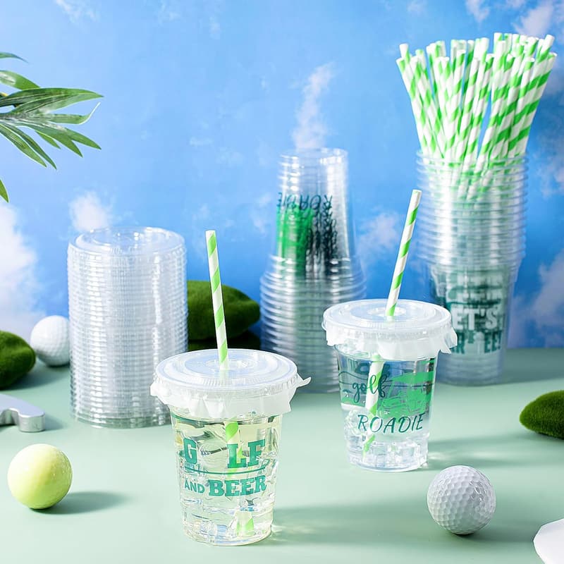 50 Pcs 12 oz Golf-Themed Disposable Cups with Straws