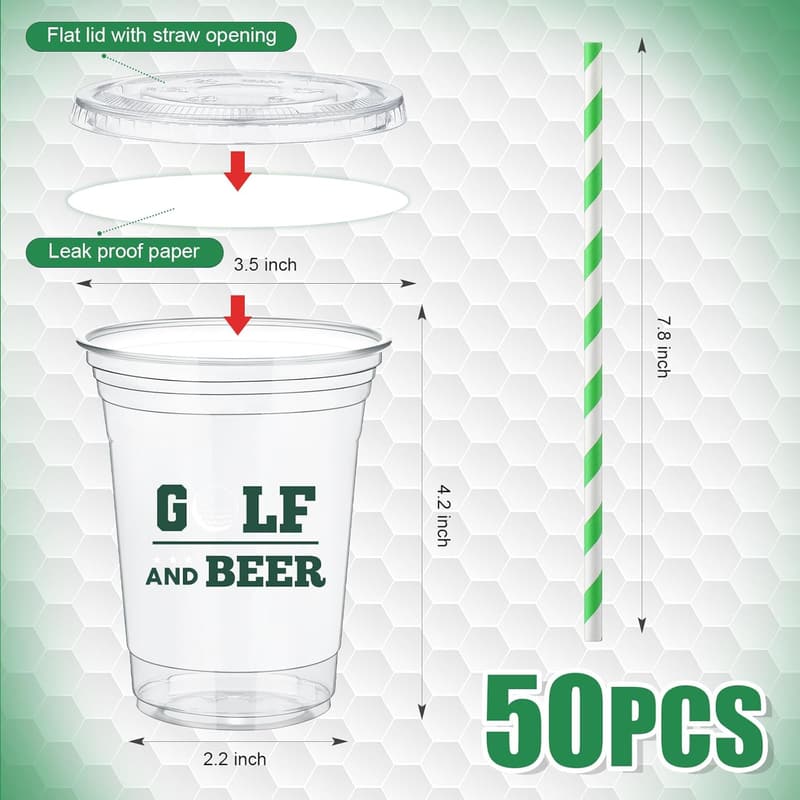 50 Pcs 12 oz Golf-Themed Disposable Cups with Straws