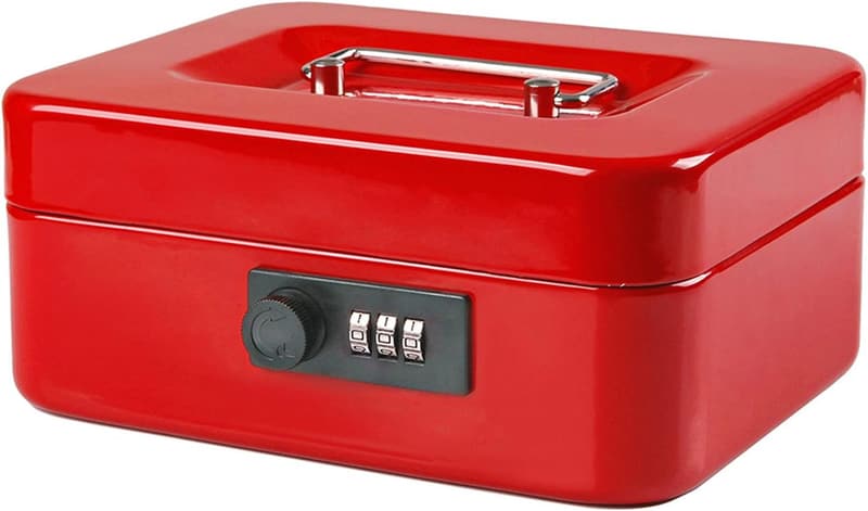 Durable Medium Cash Box with Combination Lock - Red