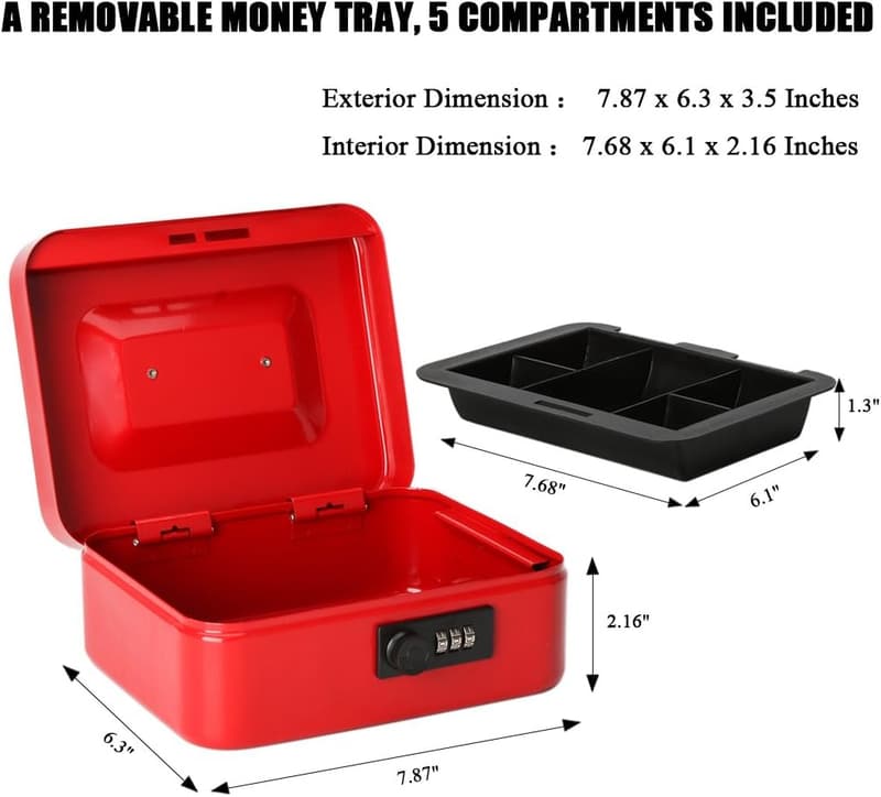 Durable Medium Cash Box with Combination Lock - Red
