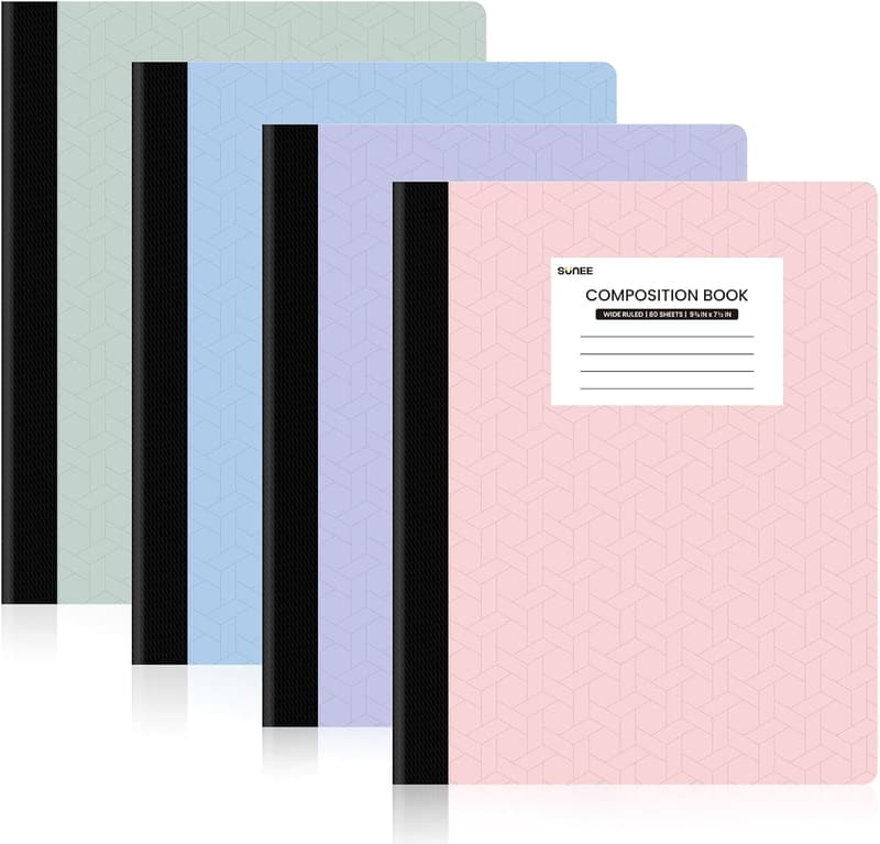 SUNEE Wide Ruled Composition Notebooks, 4 Pack, Assorted Colors