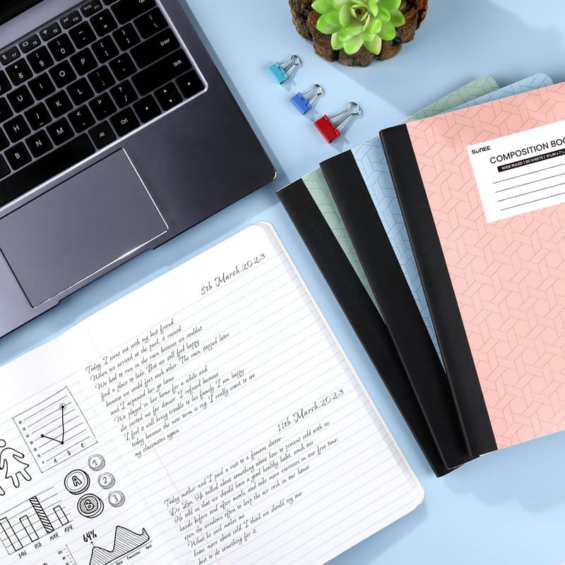 SUNEE Wide Ruled Composition Notebooks, 4 Pack, Assorted Colors