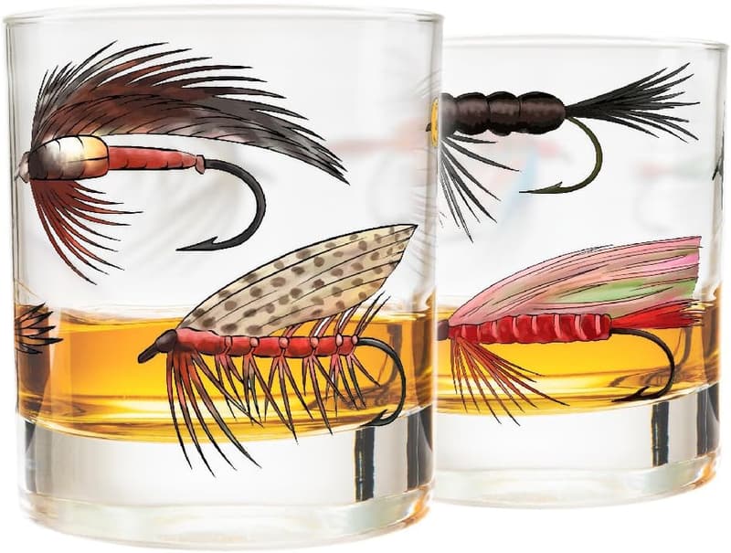 Fly Fishing Themed Whiskey Glass Set for Outdoorsmen - 10 oz, Set of 2