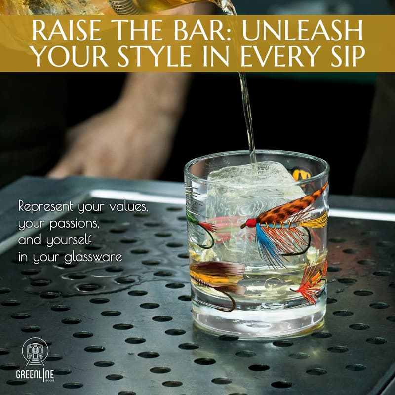 Fly Fishing Themed Whiskey Glass Set for Outdoorsmen - 10 oz, Set of 2