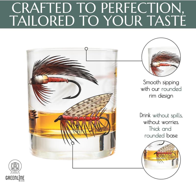 Fly Fishing Themed Whiskey Glass Set for Outdoorsmen - 10 oz, Set of 2
