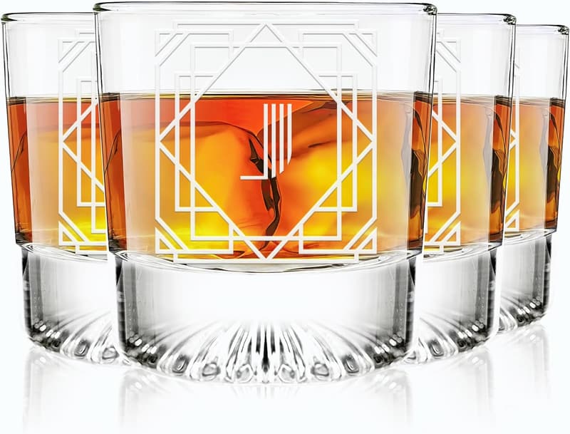Personalized Art Deco Etched Letter J Whiskey Glass Set of 4