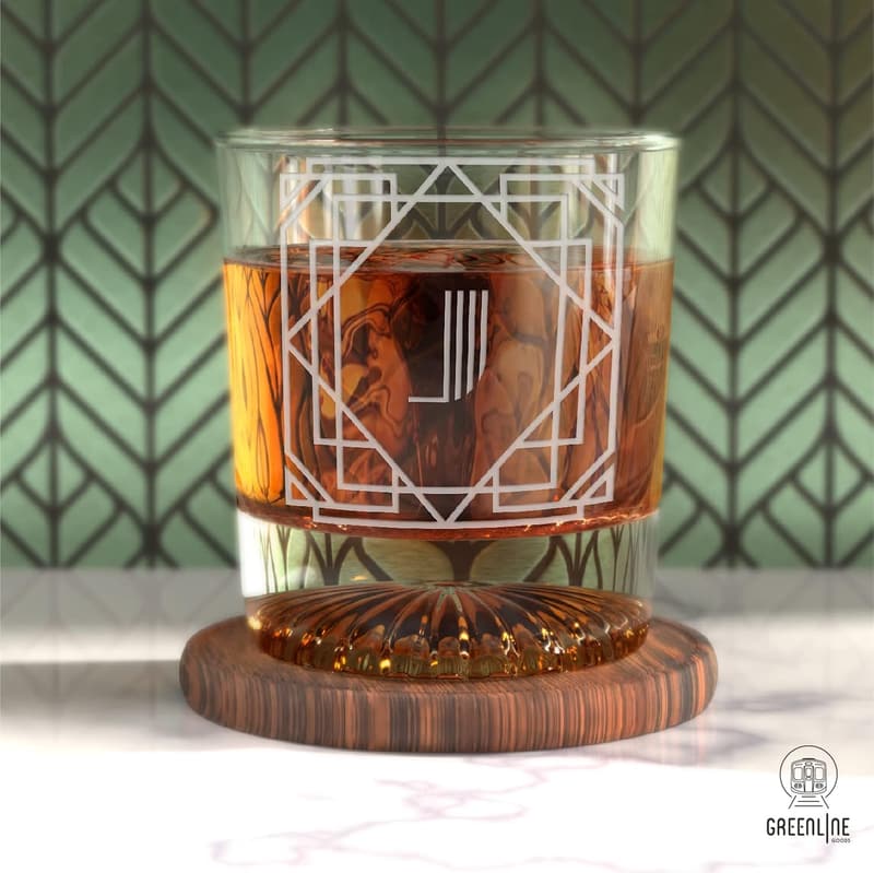 Personalized Art Deco Etched Letter J Whiskey Glass Set of 4