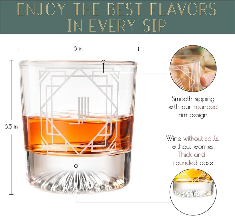 Personalized Art Deco Etched Letter J Whiskey Glass Set of 4