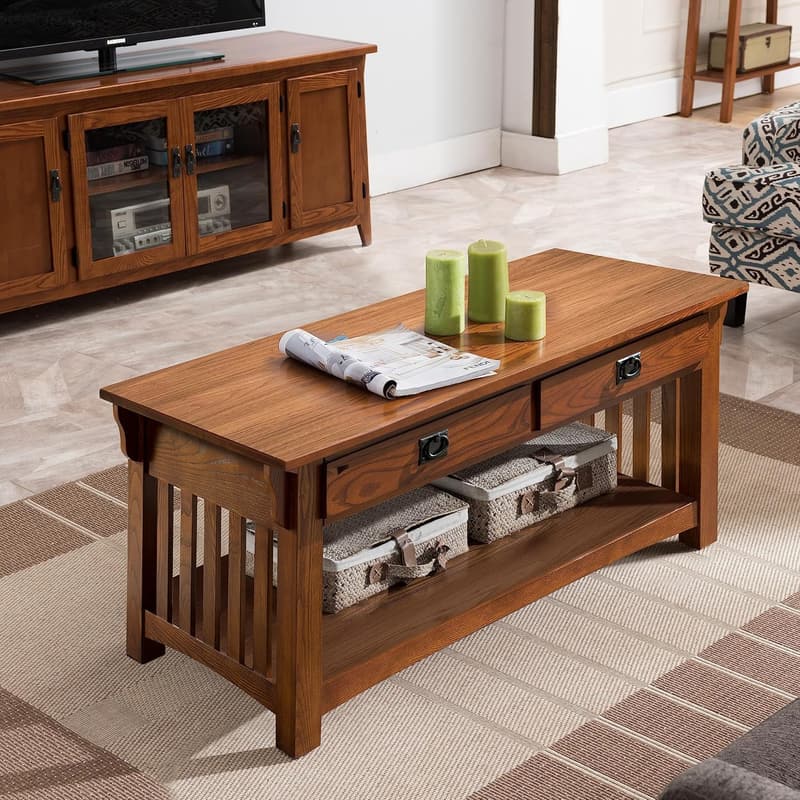 Mission Coffee Table with Two Drawers, Solid Wood, Medium Oak