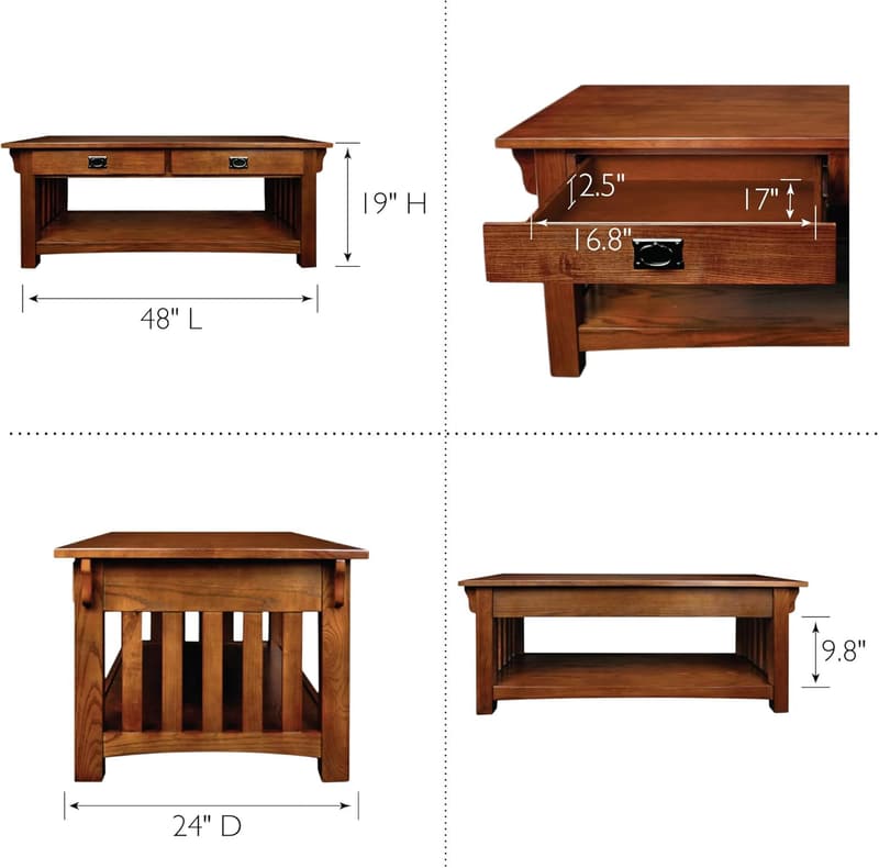Mission Coffee Table with Two Drawers, Solid Wood, Medium Oak