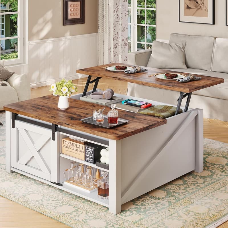 Farmhouse Lift Top Coffee Table with Hidden Storage, White