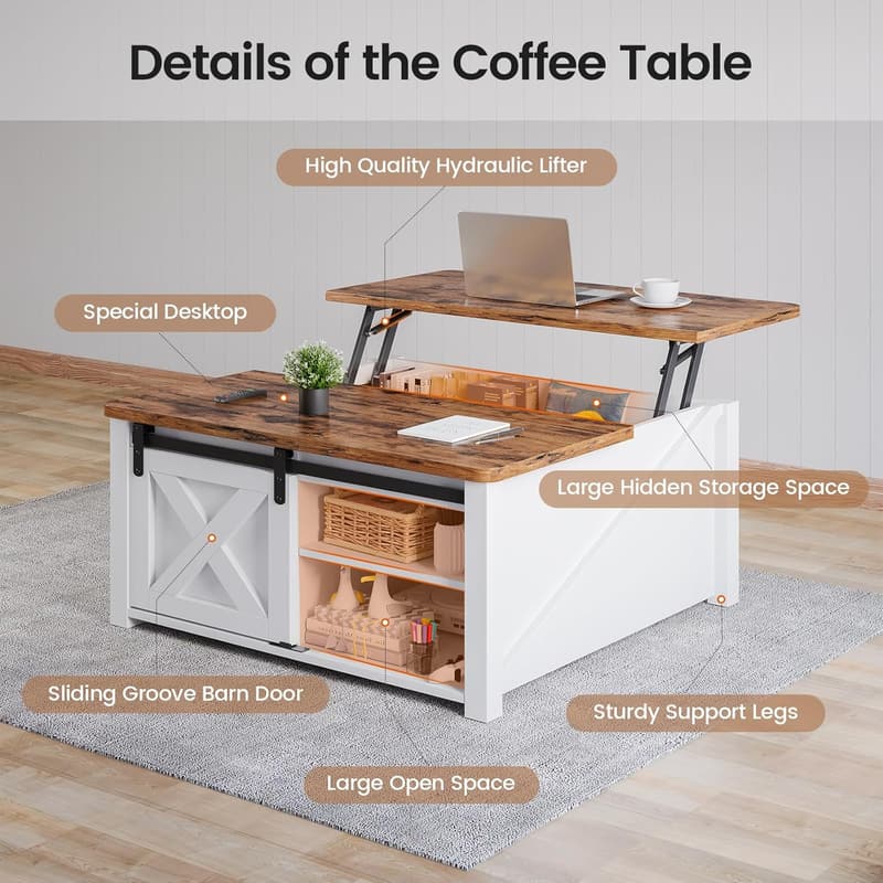 Farmhouse Lift Top Coffee Table with Hidden Storage, White