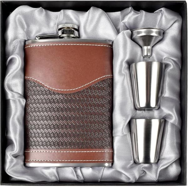 Leather Hip Flask Set - 8oz Stainless Steel Gift for Men