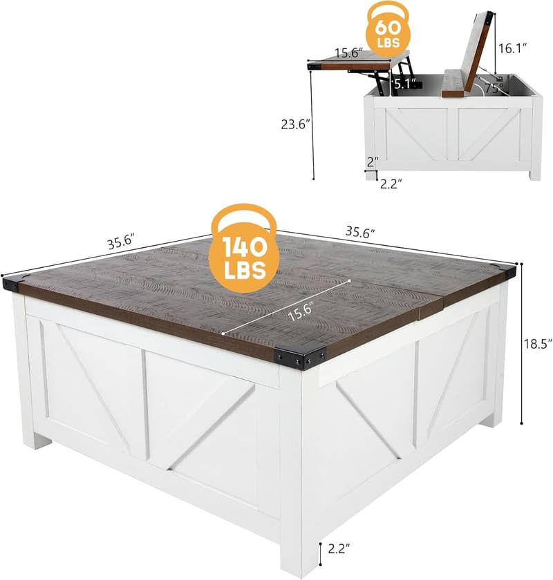 Farmhouse Lift Top Coffee Table with USB Charging Station