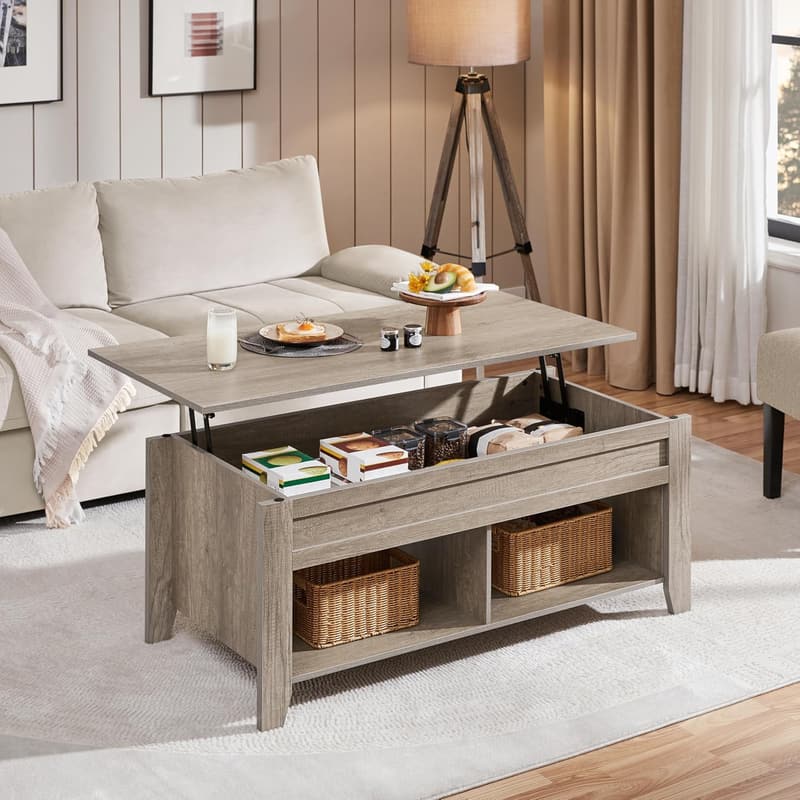 Lift Top Coffee Table with Hidden Storage - Farmhouse Style, Gray