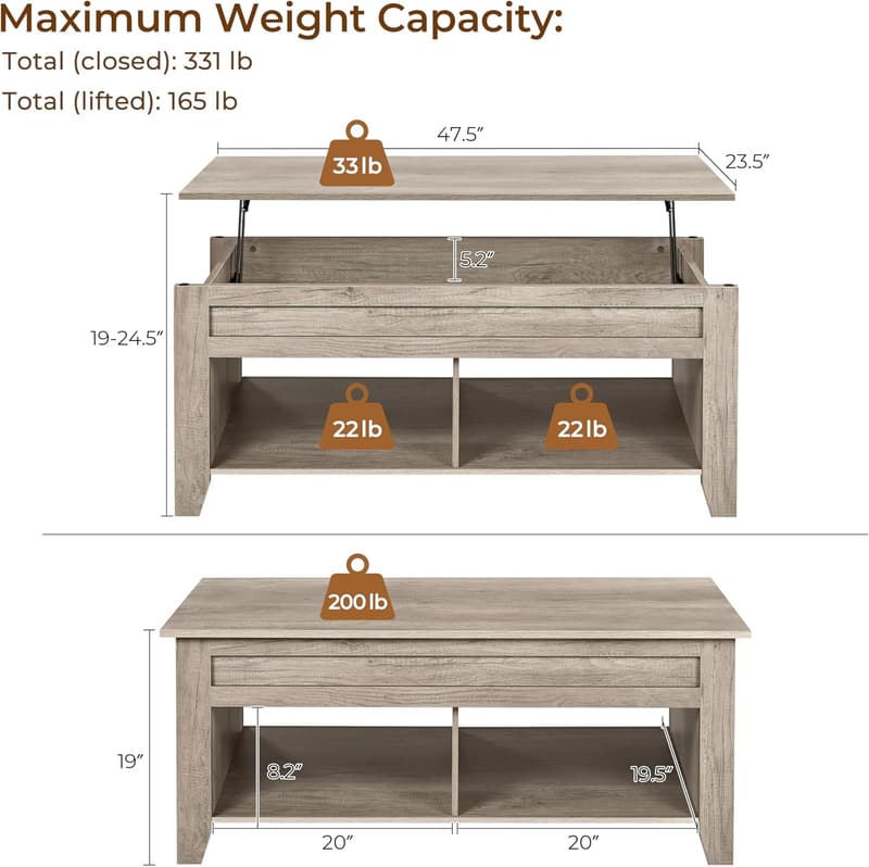 Lift Top Coffee Table with Hidden Storage - Farmhouse Style, Gray