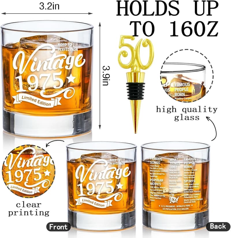 50th Birthday Vintage Old Fashioned Whiskey Glass - 10.25oz