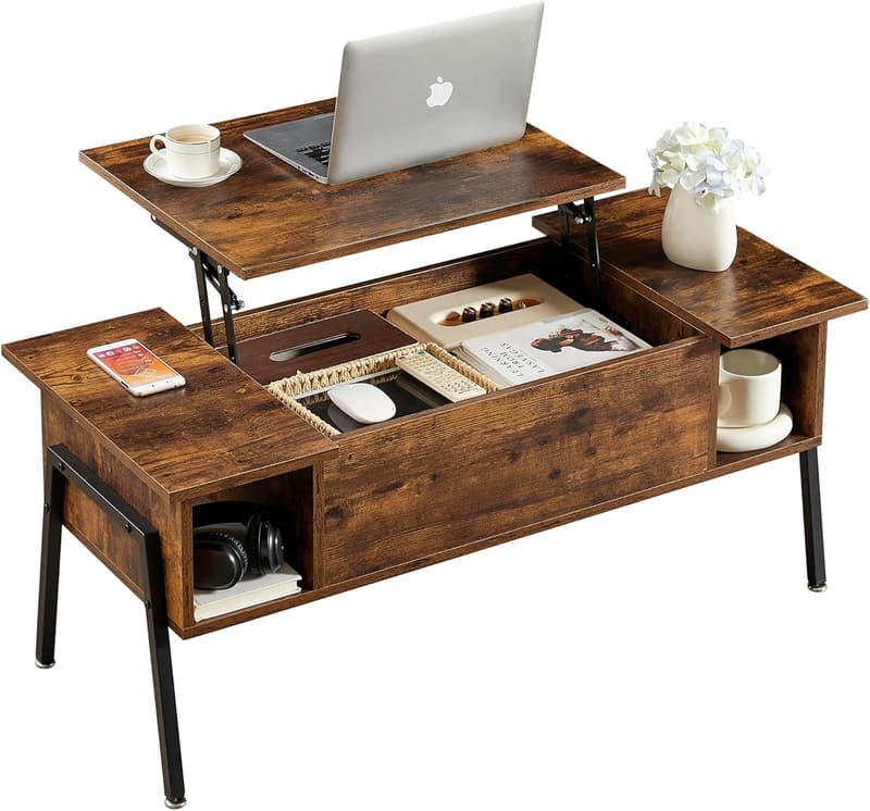 Lift Top Wood Coffee Table with Hidden Compartment - Brown