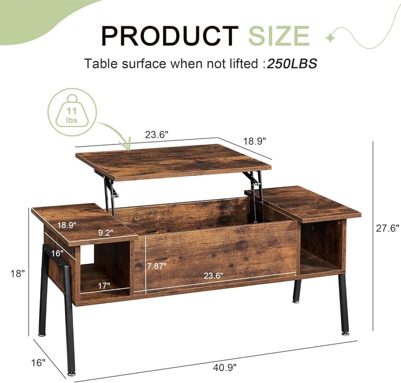 Lift Top Wood Coffee Table with Hidden Compartment - Brown